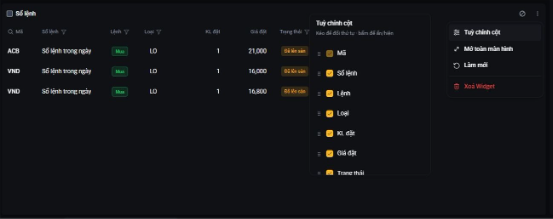 Tùy chỉnh cột Order Book
Tùy chỉnh cột Order Book